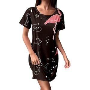 Shein Women's Medium Black Pink Flamingo Letter Print Short Sleeve Nightgown